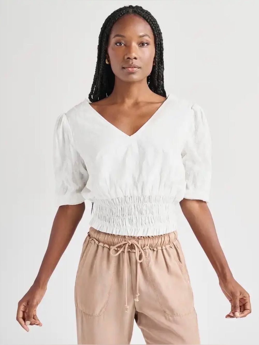 Express Linen White V-Neck Puff-Sleeve Smocked Hem Crop Top
